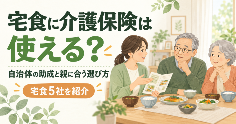 宅食の案内を見ながら話す娘と高齢の父母。「宅食に介護保険は使える？ 自治体の助成と親に合う選び方」のアイキャッチ。