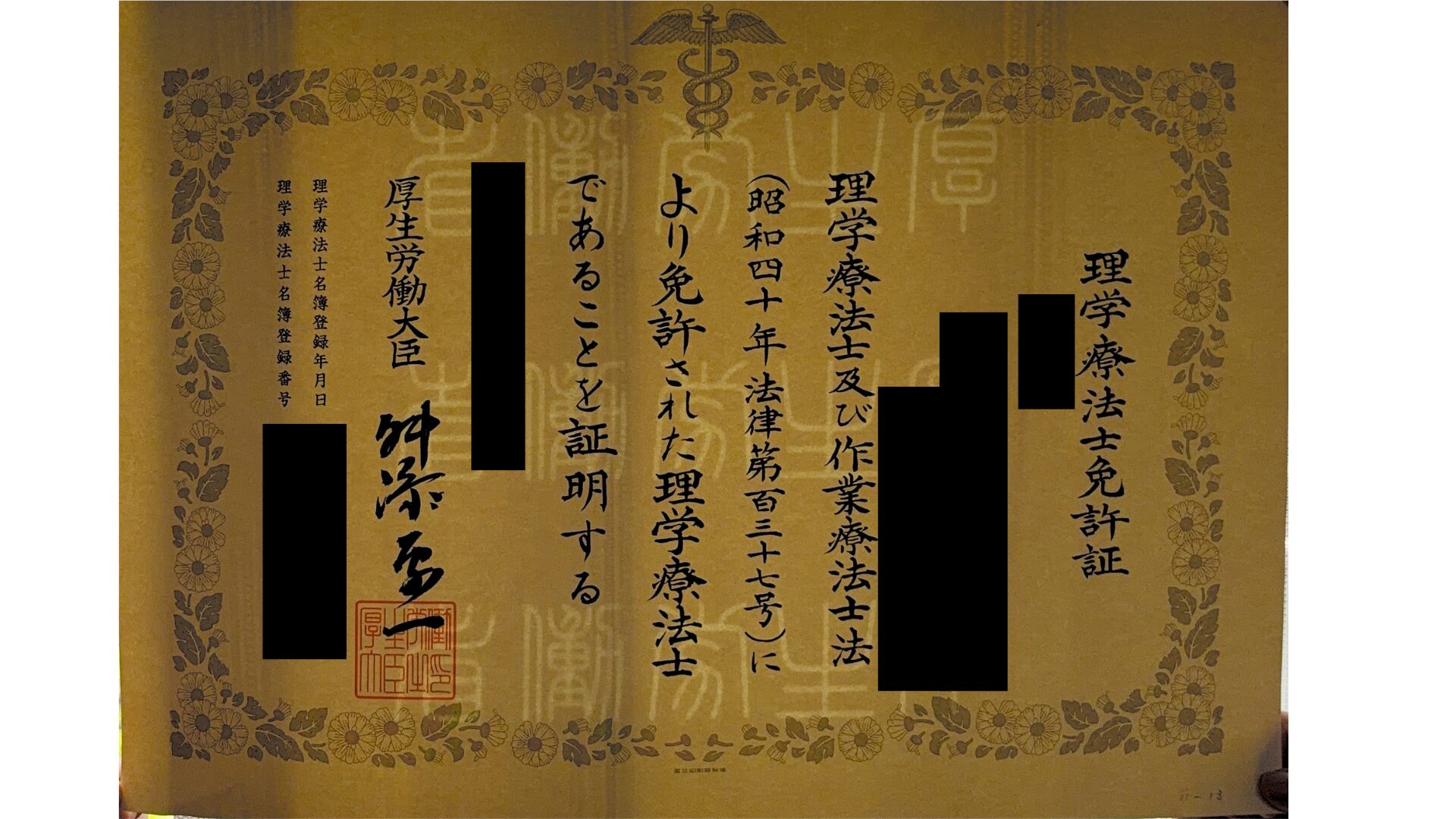 「理学療法士免許証(厚生労働大臣発行・個人情報マスキング済み)」