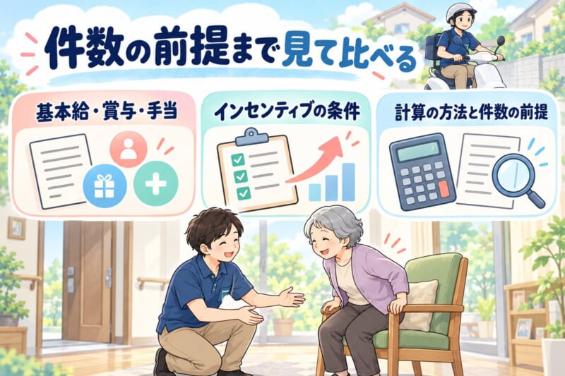 基本給やインセンティブの条件と件数の前提を比較するまとめ