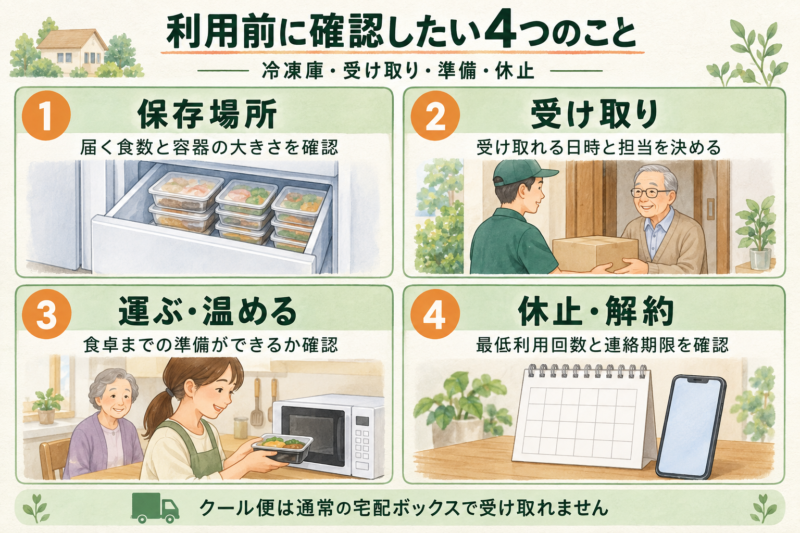 宅食の利用前に、保存場所、受け取り日時、運搬と温め、休止や解約の期限を確認する。