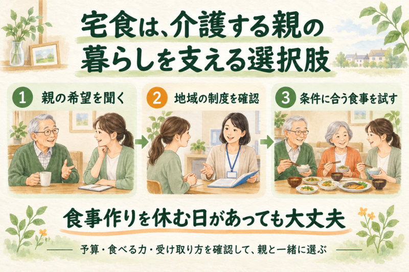 親の希望を聞き、地域の制度を確認し、条件に合う食事を試す。食事作りを休む日があっても大丈夫。