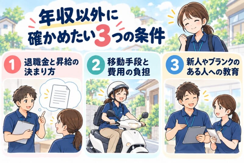 退職金・昇給、移動費用、教育の条件を確認するチェックリスト