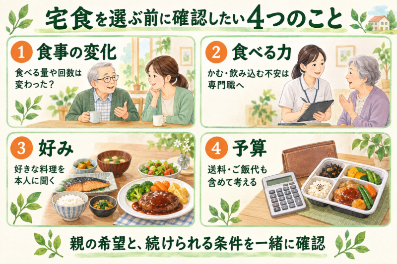 宅食を選ぶ前に、食事の変化、食べる力、本人の好み、送料やご飯代を含む予算を確認する。