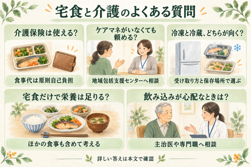 宅食と介護について、介護保険、相談先、冷凍と冷蔵、栄養、飲み込みの5つの質問をまとめた図。