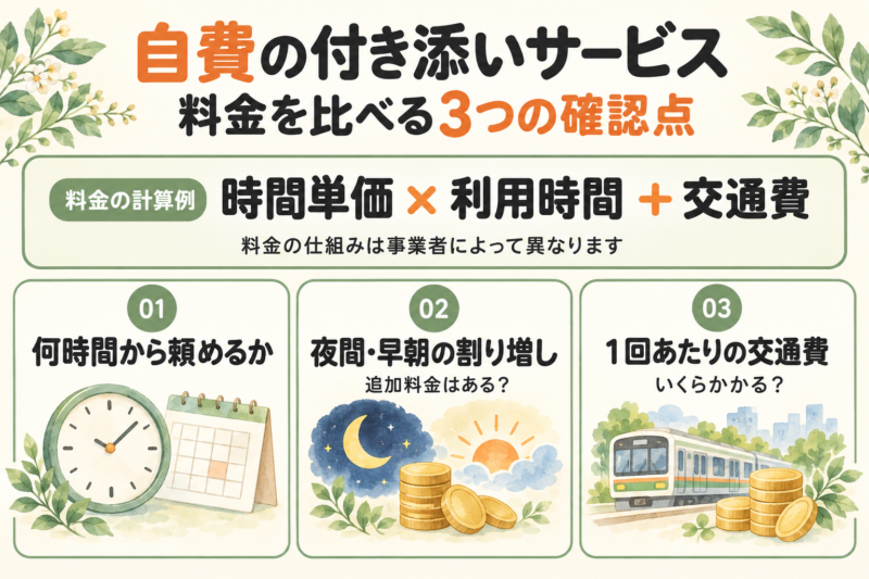 自費の付き添いサービスの料金例は、時間単価×利用時間＋交通費。比較するときは、何時間から頼めるか、夜間・早朝の割り増しがあるか、1回あたりの交通費はいくらかを確認する。料金の仕組みは事業者によって異なる。