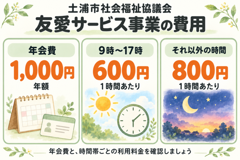 土浦市社会福祉協議会の友愛サービス事業の費用。年会費は1,000円。利用料金は9時から17時が1時間600円、それ以外の時間は1時間800円。