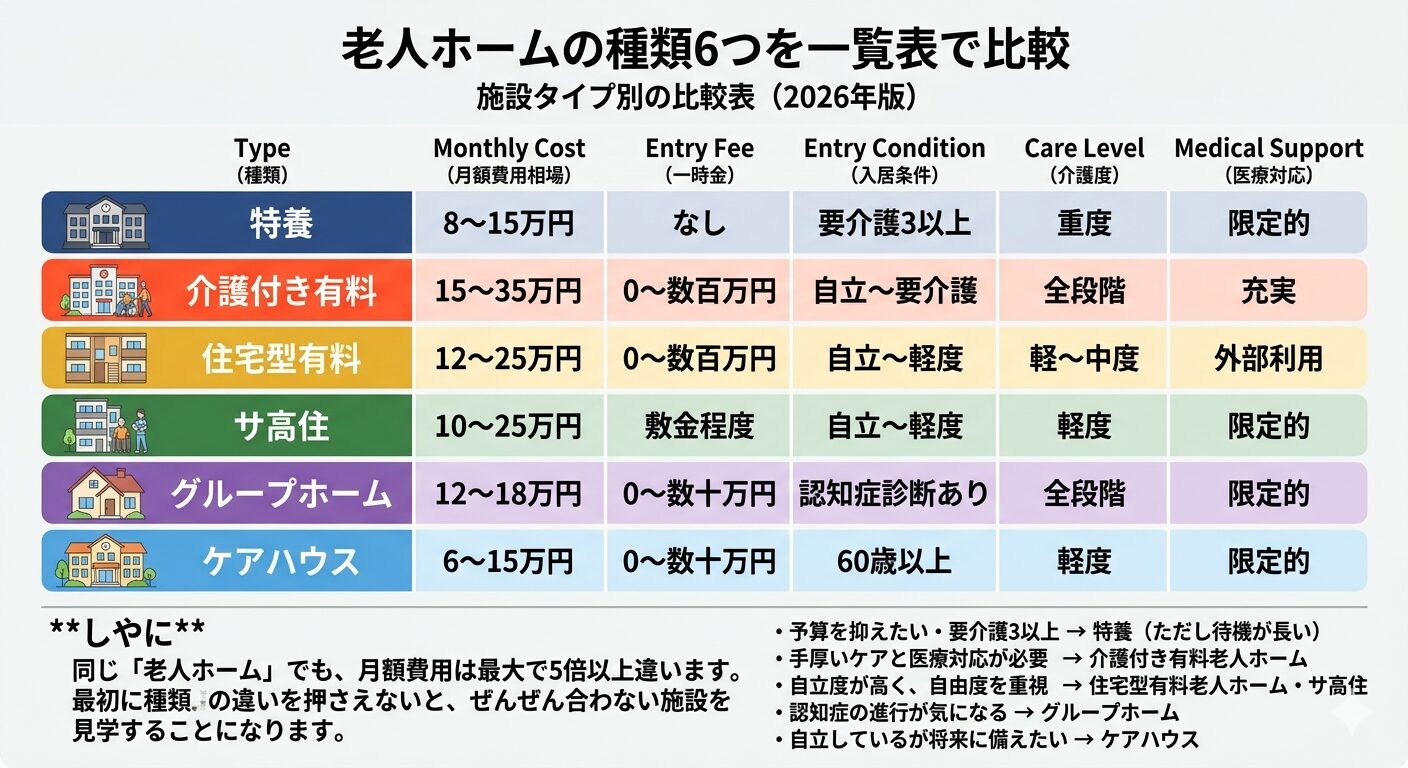 老人ホームの種類6つを一覧表で比較