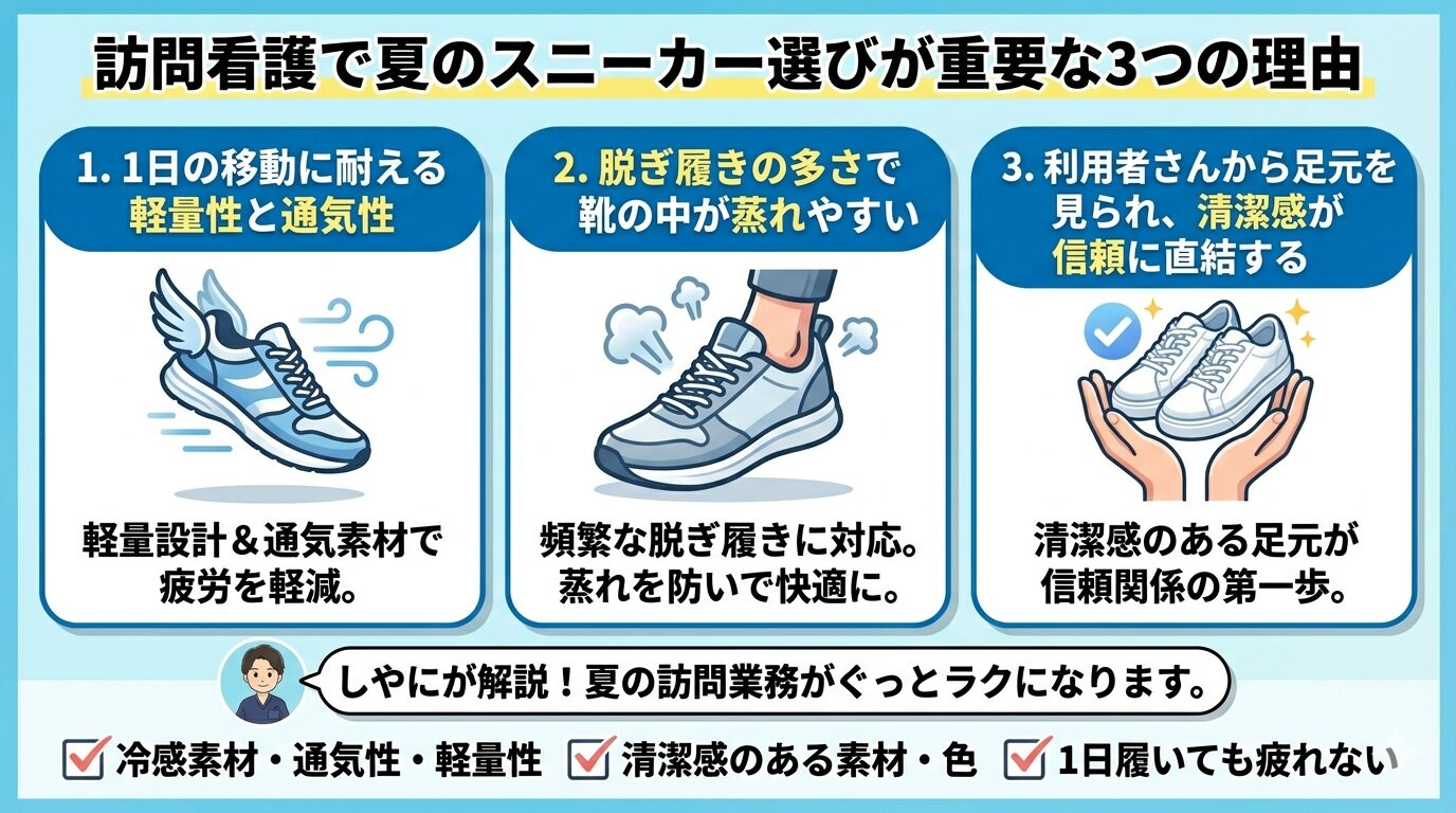 訪問看護で夏のスニーカー選びが重要な3つの理由