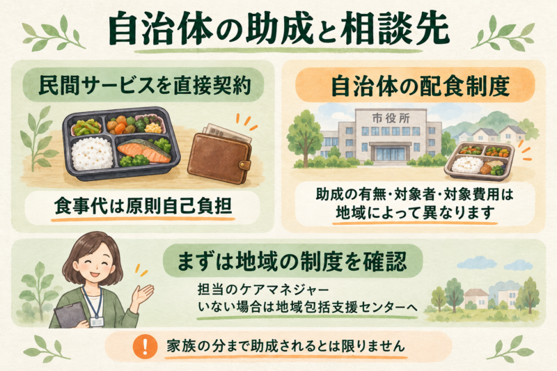 民間宅食の食事代は原則自己負担。自治体の助成条件は地域で異なり、ケアマネジャーや地域包括支援センターに相談する。