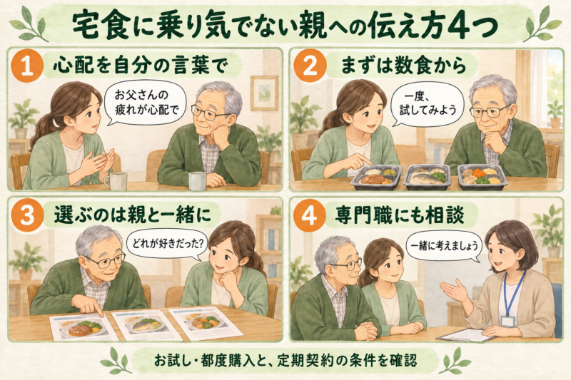宅食に乗り気でない親には、自分の心配を伝え、数食から試し、親と一緒に選び、必要に応じて専門職に相談する。