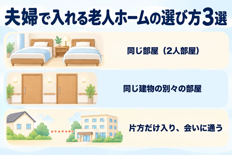 夫婦で入れる老人ホームの選び方3選。同じ部屋（2人部屋）、同じ建物の別々の部屋、片方だけ入り会いに通う、の3枚のカード。