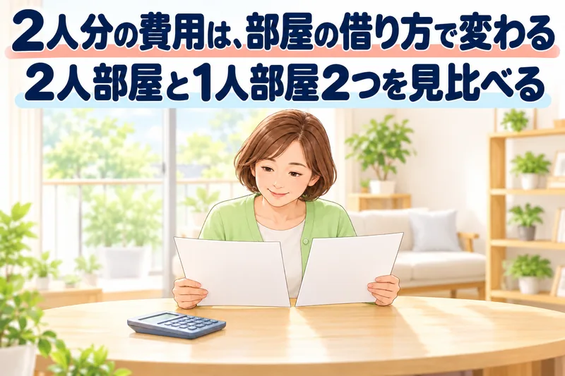 2人分の費用は、部屋の借り方で変わる。2人部屋と1人部屋2つを見比べる。娘が電卓のあるテーブルで、2枚の料金表を見比べている。