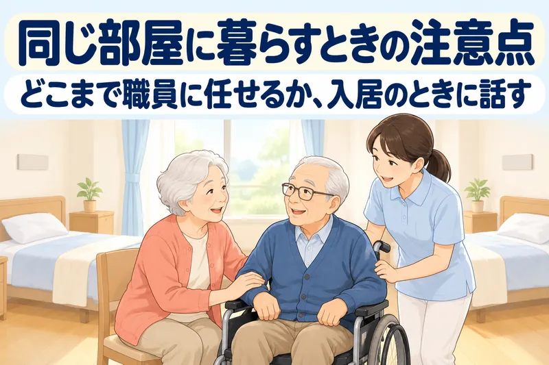 同じ部屋に暮らすときの注意点。どこまで職員に任せるか、入居のときに話す。2人部屋で、妻が車いすの夫に手を添え、介護職員がそばで声をかけている。