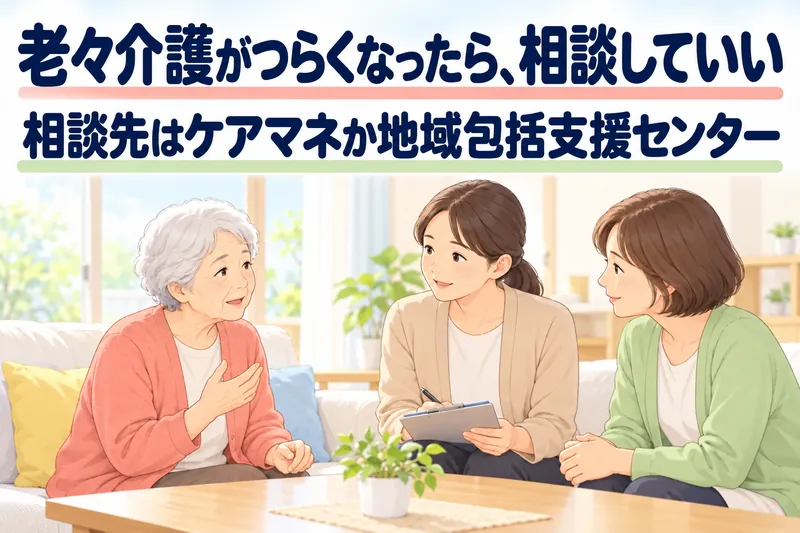 老々介護がつらくなったら、相談していい。相談先はケアマネか地域包括支援センター。自宅の居間で、母がケアマネと娘に話を聞いてもらっている。