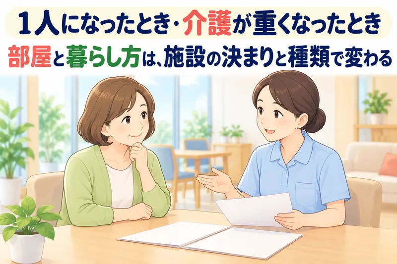 1人になったとき・介護が重くなったとき。部屋と暮らし方は、施設の決まりと種類で変わる。施設の相談スペースで、娘が介護職員から説明を受けている。