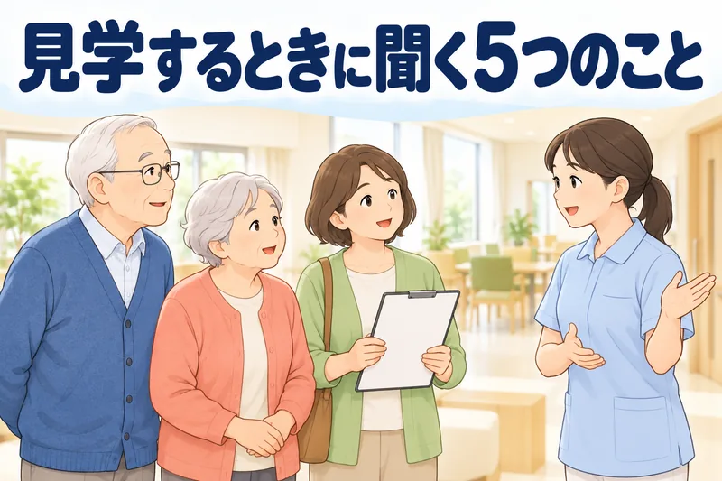 見学するときに聞く5つのこと。夫婦と娘が施設を見学し、介護職員の説明を聞いている。