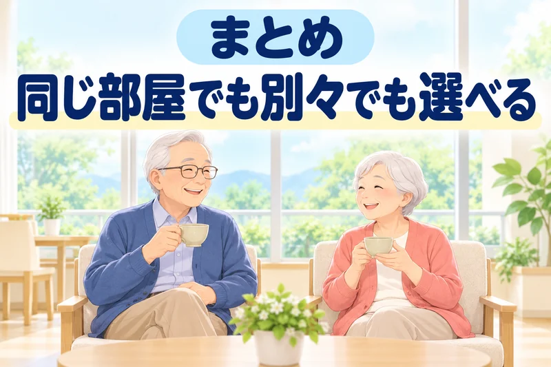 まとめ。同じ部屋でも別々でも選べる。施設の窓辺で、夫婦が並んでお茶を飲みながら笑顔で過ごしている。