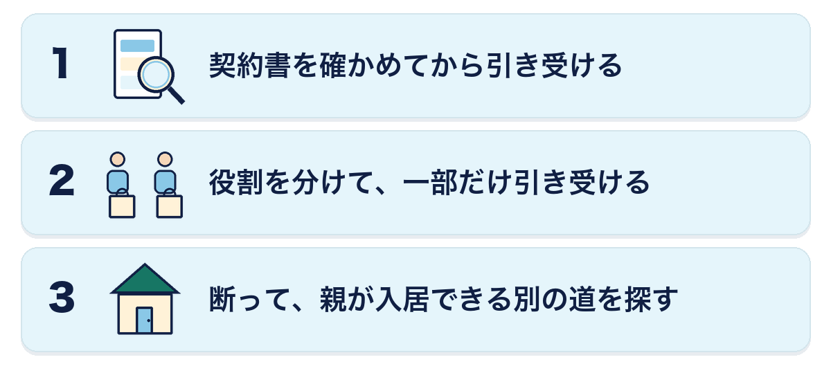 老人ホームの保証人を頼まれたときに選べる3つの道。契約書を確かめてから引き受ける、役割を分けて一部だけ引き受ける、断って親が入居できる別の道を探す。