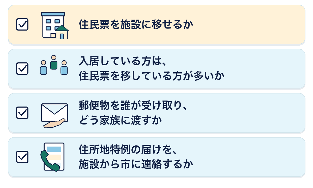 施設に聞く4つのこと。住民票を施設に移せるか、入居している方は住民票を移している方が多いか、郵便物を誰が受け取りどう家族に渡すか、住所地特例の届けを施設から市に連絡するか。