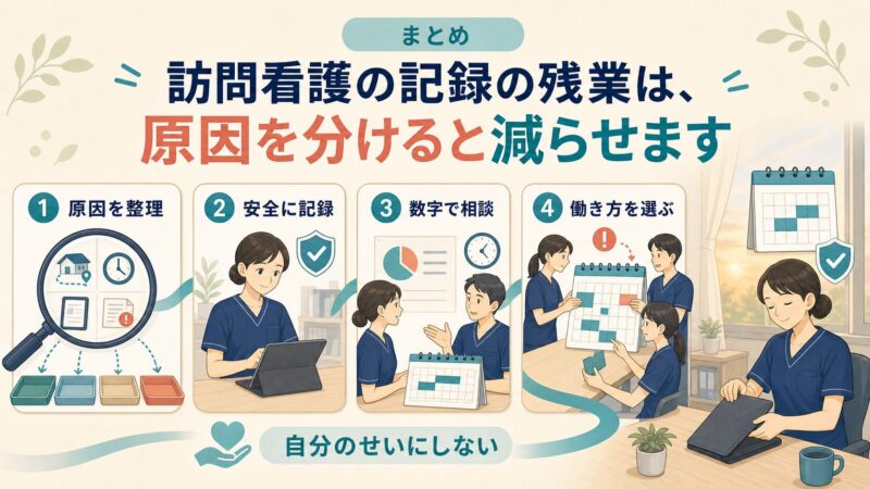 まとめ 訪問看護の記録の残業は、原因を分けると減らせます